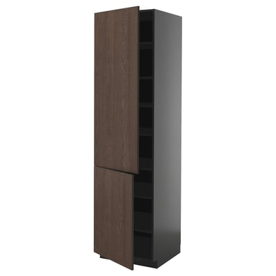 METOD hoher Küchenschrank, dunkelbraunes Holz, schlankes modernes Design, verstellbare Regale.