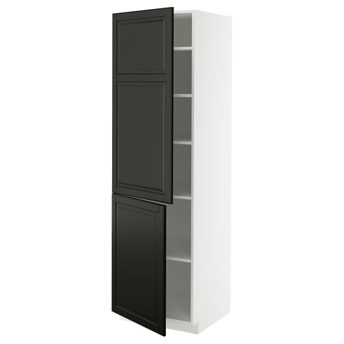 METOD Küchenschrank, weiß und schwarz, zwei schlanke schwarze Türen, verstellbare Regale.