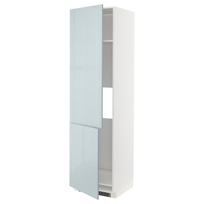 Weißer METOD-Schrank mit hochglänzenden blaugrauen Türen, schlank und hoch, modernes Design.