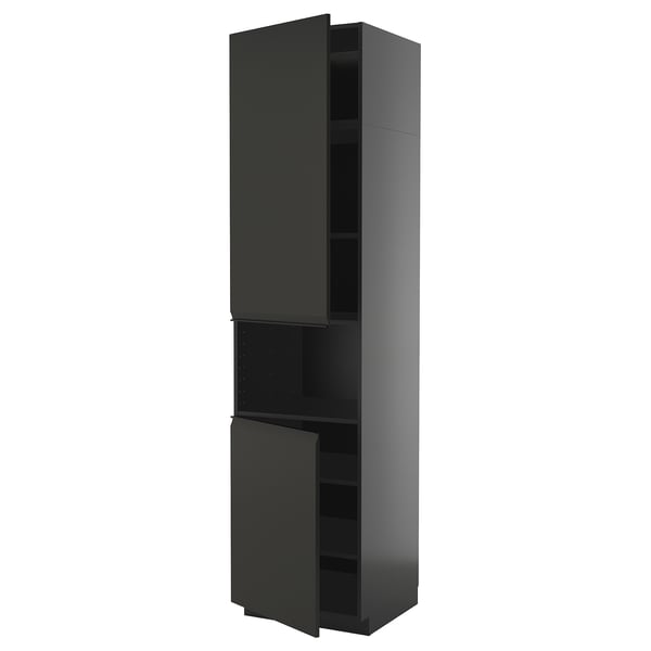 Schwarzer moderner Küchenschrank mit schlankem, mattem Finish und minimalistischem Griff, der hoch und rechteckig steht.