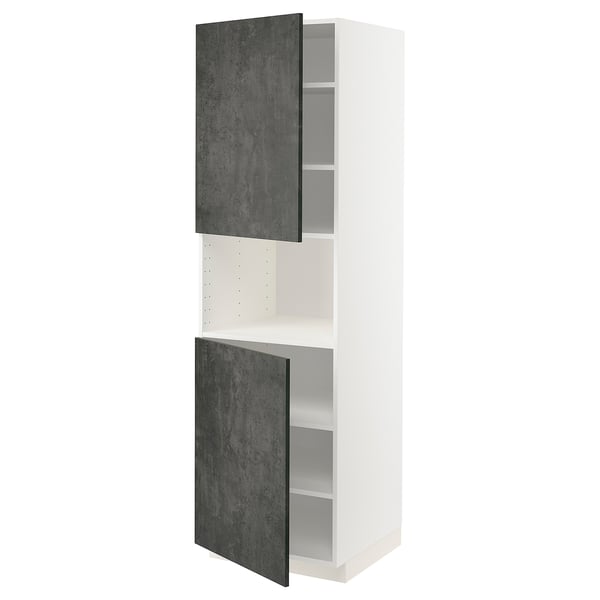 Ein weißer IKEA METOD Küchenschrank mit dunkelgrauen Türen in Zementoptik und verstellbaren Regalen.
