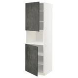 Ein weißer IKEA METOD Küchenschrank mit dunkelgrauen Türen in Zementoptik und verstellbaren Regalen.