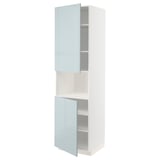 Moderner weißer Hochschrank mit blauen Pepino-Hochglanztüren, verstellbaren Regalen.
