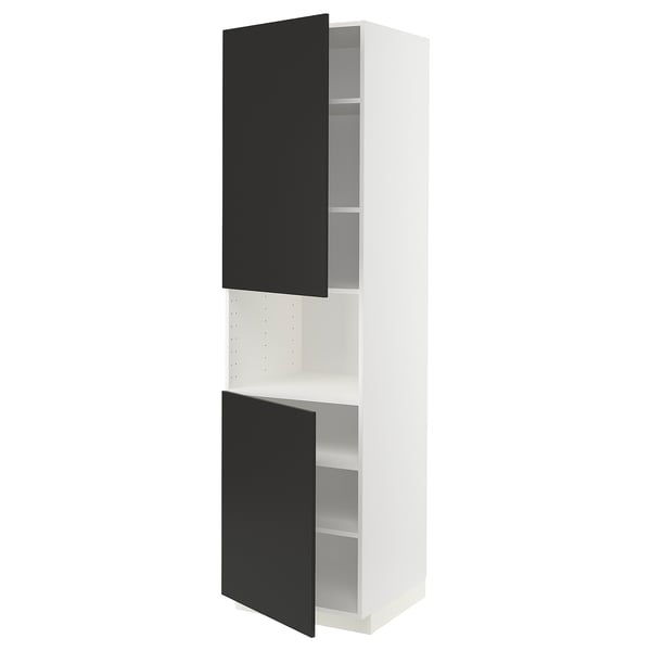 Moderner schwarz-weißer Schrank, hoch, mit zwei Flügeltüren.