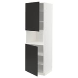 Weißer und schwarzer Küchenschrank, METOD-System, Hochschrank mit zwei offenen Fächern, modernes Design, verstellbare Regale.
