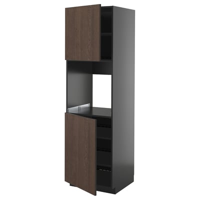 Moderner hoher Küchenschrank, grau und braun, Holztüren, verstellbare Regale.