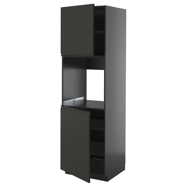 Schwarzer hoher Küchenschrank mit offener Tür, schlankes, modernes Design.
