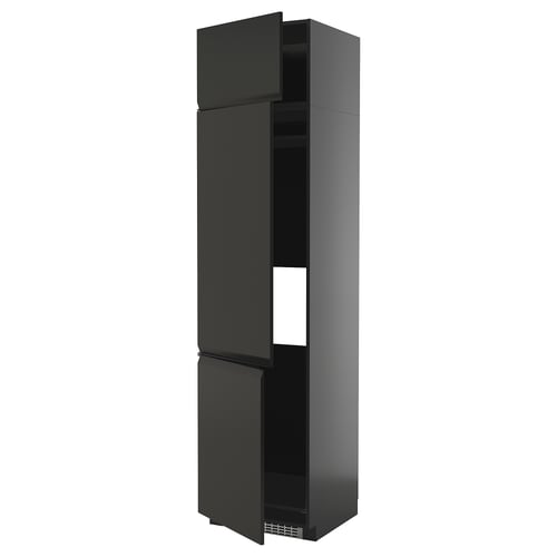 Schwarzer moderner Küchenschrank mit drei Türen, schlankem Design, mattem Finish, hoher und schlanker Form, glänzenden Kanten.
