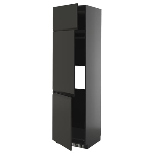 Schwarzer moderner hoher Küchenschrank, matte Upplöv-Fronten, verstellbare Regale.