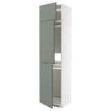 Ein weiß-grüner IKEA METOD Küchenschrank mit zwei Türen. Es ist hoch, rechteckig und hat ein modernes Design.