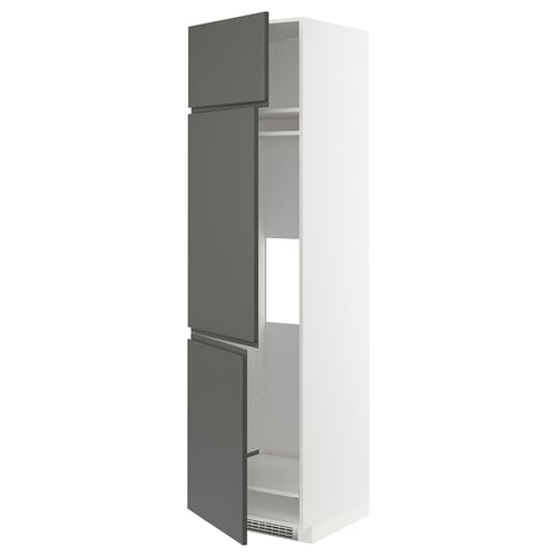 Moderner Küchenhochschrank, grau, weiß, schlankes Design. Einlegeböden, belüfteter Boden, schwarzer Griff.
