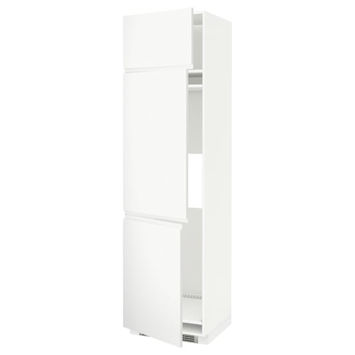 Moderner weißer Küchenschrank, hoch und schlank, minimalistisches Design, mit zwei verstellbaren Regalen, schlanken Türen, geeignet für verschiedene Aufbewahrungsbedürfnisse.