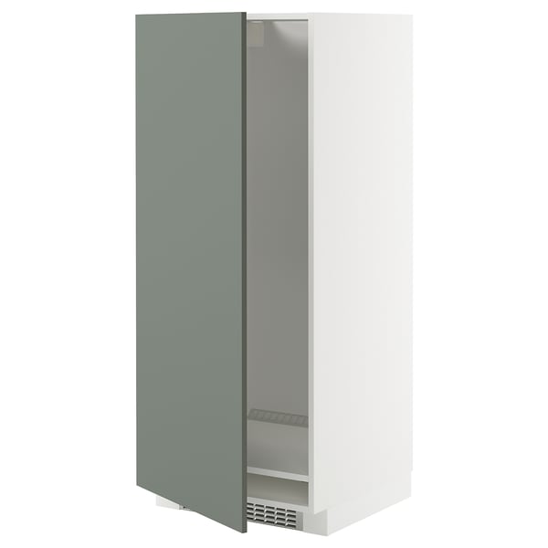 Moderner Küchenschrank mit grünlich-grauer Tür und weißem Korpus. Schlankes Design, ideal für kompakte Räume.
