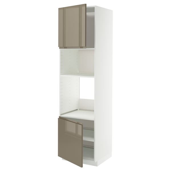 Weißer Küchenschrank mit metallisch goldenen Türen und Regalen, schlankes, modernes Design.