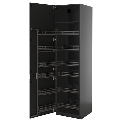 Offener schwarzer Küchenschrank mit mehreren Regalen. Platzsparende Konstruktion von ikea.