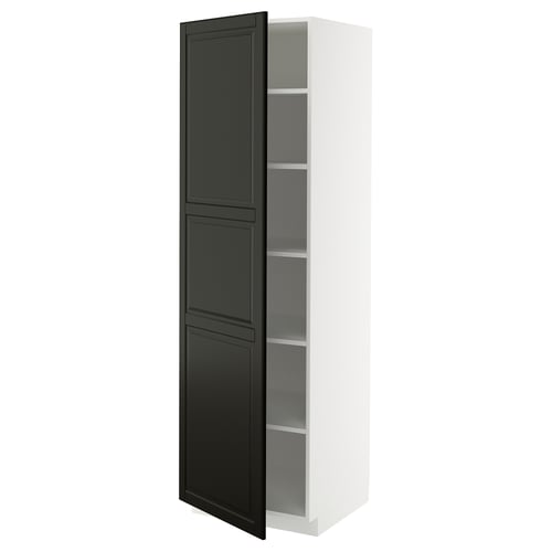 Moderner hoher weißer Schrank mit schwarzen Türen, abgeschrägten Kanten und verstellbaren Regalen.