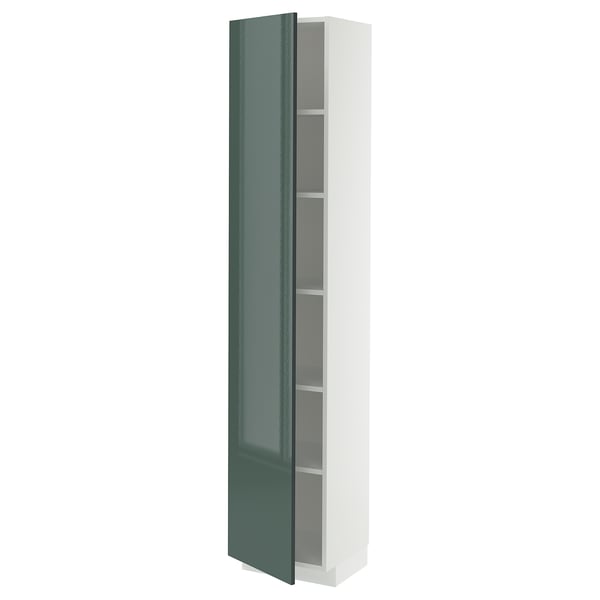 Ein weißer Hochschrank mit einer hochglänzenden grünen Tür, Teil des METOD-Küchensystems, mit verstellbaren Regalen und modernem Design.