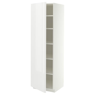 METOD Hochschrank mit Einlegeböden, weiß/VOXTORP Hochglanz weiß senkrechter Griff, 60x60x200 cm