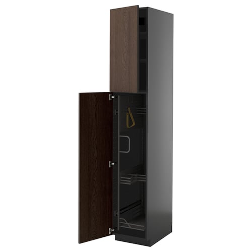 Dunkler Holzschrank, modernes, schwarzes Interieur offen. Diese Version behält die wesentlichen Details bei, während der Text gekürzt wird, um der Zeichenbeschränkung gerecht zu werden.