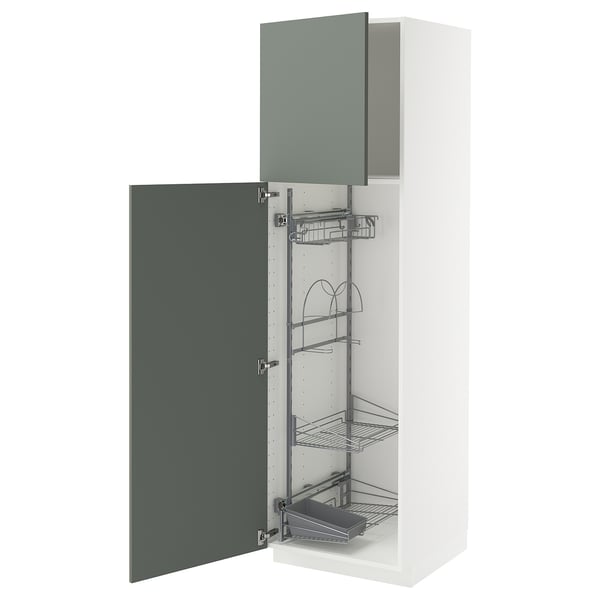 METOD Hochschrank mit Putzschrankeinr., weiß/Nickebo matt graugrün, 60x60x200 cm