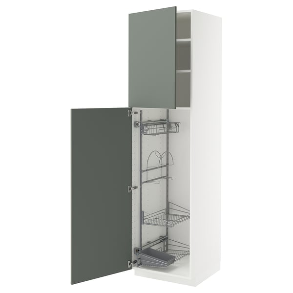 METOD Hochschrank mit Putzschrankeinr., weiß/Nickebo matt graugrün, 60x60x220 cm