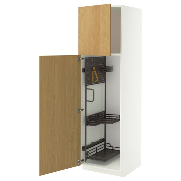 METOD Hochschrank mit Putzschrankeinr., weiß/Sinarp Eichenfurnier, 60x60x200 cm