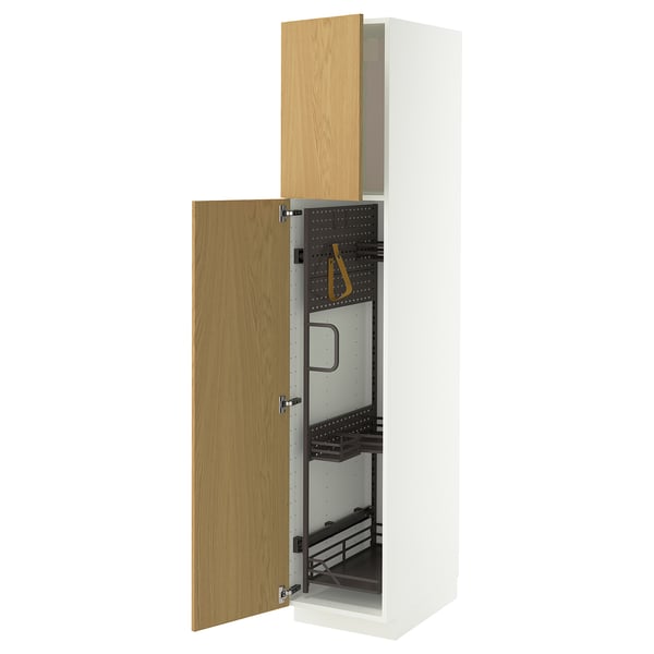 METOD Hochschrank mit Putzschrankeinr., weiß/Sinarp Eichenfurnier, 40x60x200 cm