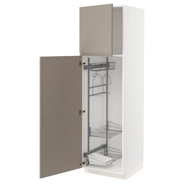 METOD Hochschrank mit Putzschrankeinr., weiß/Upplöv matt dunkelbeige, 60x60x200 cm