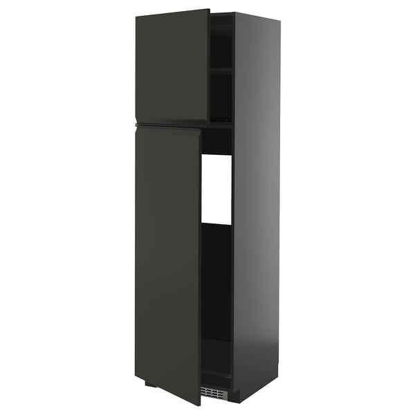 Schwarzer hoher Küchenschrank mit zwei Türen und verstellbaren Regalen, schlankem und modernem Design.