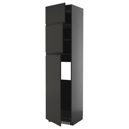 Robuster schwarzer Hochschrank mit grifflosen Türen, schlank und modern, perfekt für die Aufbewahrung in der Küche.