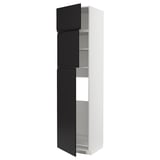 Ein hoher, weißer METOD-Küchenschrank mit drei schwarzen Türen und verstellbaren Einlegeböden. Es ist ein modernes, minimalistisches Design.