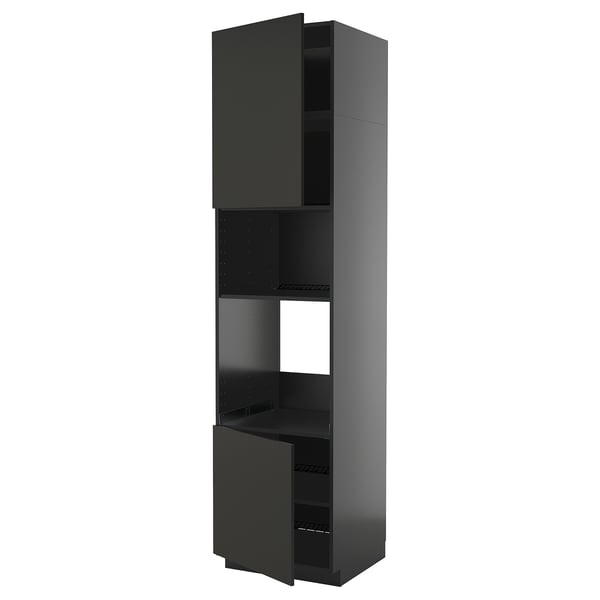 METOD hohe schwarze Küchenzeile, schlankes Design, verstellbare Regale, moderner Materialmix.