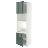 Moderner hoher weißer Schrank mit hochglänzenden grünen Türen, verstellbaren Regalen, Flügelöffnung.