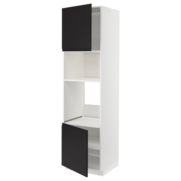 METOD Küchenzeile: hoher, weißer Schrank mit schwarzen Türen, modernes, minimalistisches Design.