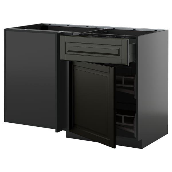 Moderne schwarze Küchenzeile mit ausziehbaren Regalen und Schubladen, schlankes Design.