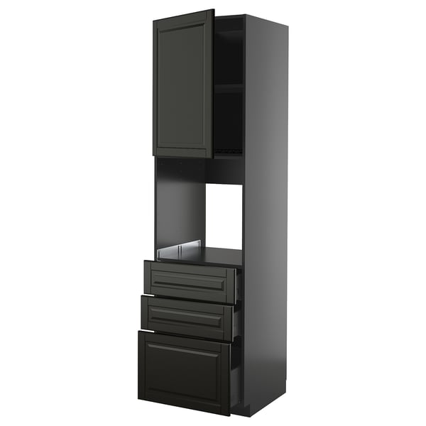 Schwarzer Hochschrank mit Schubladen und Regalen, modernes Design, Teil des IKEAS METOD Küchensystems, schlank mit glatten Kanten.