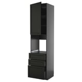 Zeigt einen dunkelgrauen, hohen Küchenschrank von ikea. Der Schrank hat eine offene Oberseite, Schubladen und Einlegeböden.