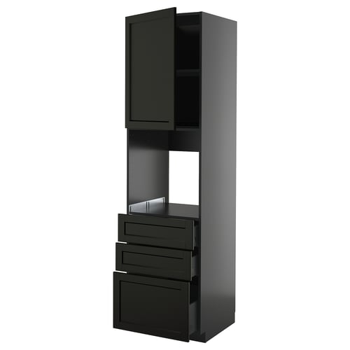 Schwarzer Küchenschrank mit Schubladen und Regalen. Modernes Design, robuste Esche und Spanplatten, abgeschrägte Kanten.