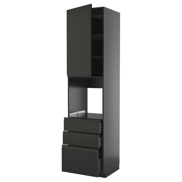 Schwarzer moderner Küchenschrank mit Schubladen und Regalen. Vertikales Design, schlankes, mattes Finish.