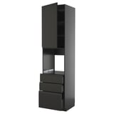 Schwarzer moderner Küchenschrank mit Schubladen und Regalen. Vertikales Design, schlankes, mattes Finish.