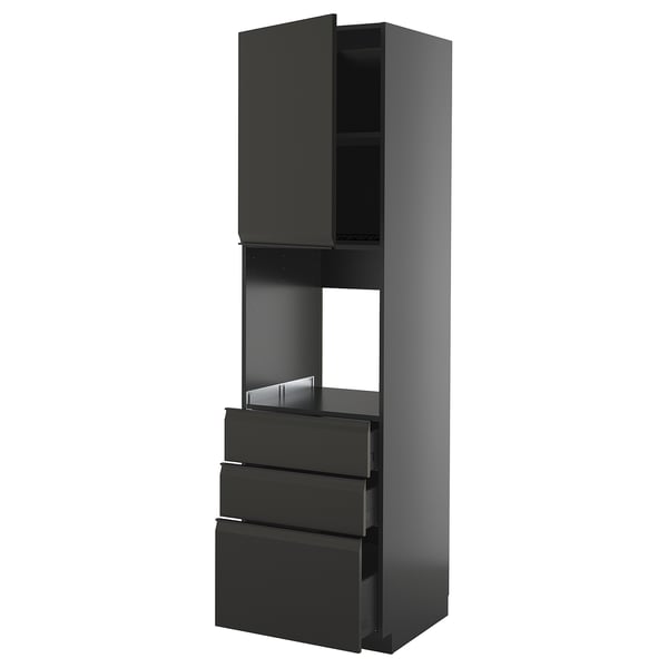 Schwarzer Küchenschrank, modernes Design mit mattem Finish, drei Schubladen, ein offenes Regal und ein geschlossenes Fach.