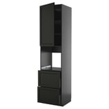 Moderner schwarzer Küchenschrank mit Hochglanz-Finish, mit einem Hochschrank mit Regalen und Schubladen.