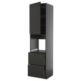 Schwarzer moderner Küchenschrank mit schlankem Design, glänzender Oberfläche, tiefen Schubladen und einem hohen Stauraum.