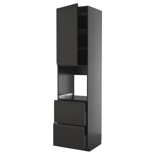 Schwarzer moderner Küchenschrank mit schlankem Design, glänzender Oberfläche, tiefen Schubladen und einem hohen Stauraum.