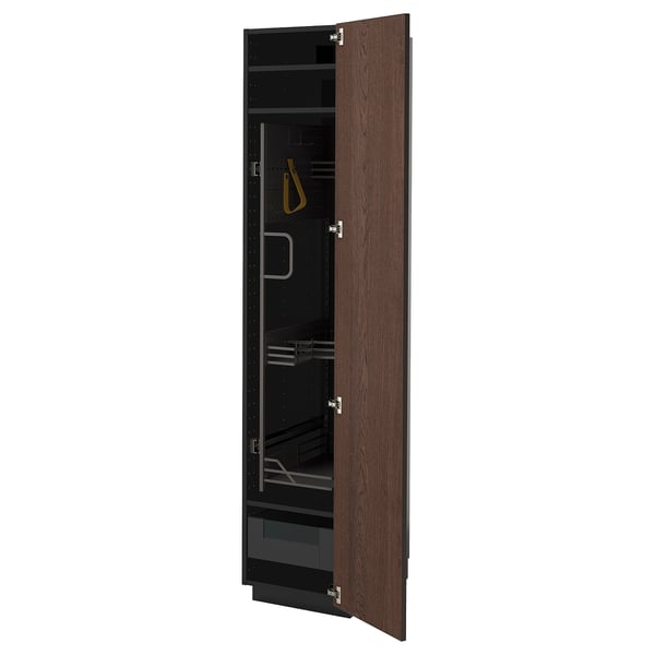 Moderner dunkelbrauner Holzschrank mit schwarzem Interieur, verstellbaren Regalen und einer glatt schließenden Schublade.