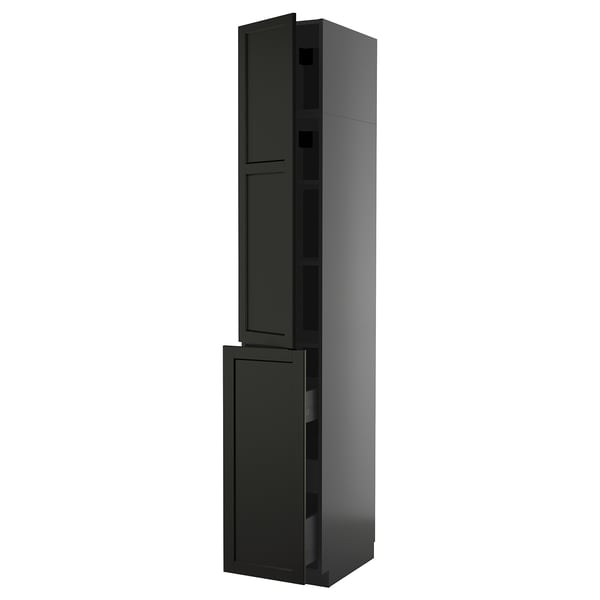 METOD schwarzer Schrank; Hoch, schlank, dunkles Holzfinish, verstellbares Regal, modernes Design.