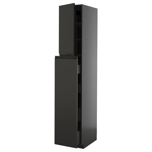 Ein schwarzer METOD-Küchenschrank mit modernem Design und integrierten Griffen.