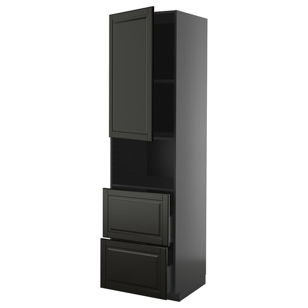 Schwarzer METOD-Küchenschrank mit Schubladen und Regalen.