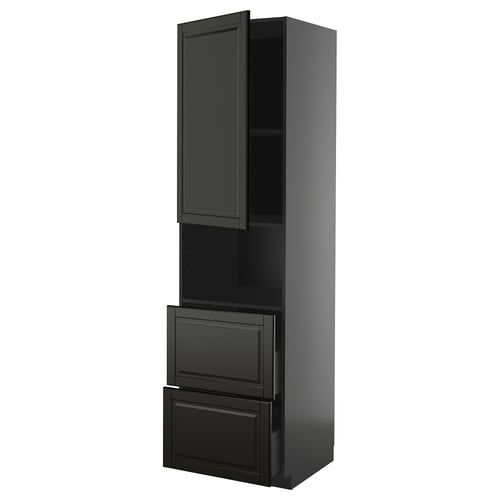 Schwarzer METOD-Küchenschrank mit Schubladen und Regalen.