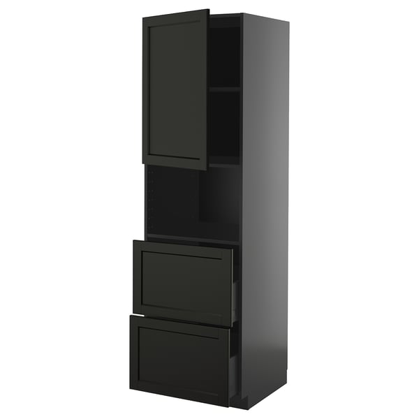 Das Bild zeigt einen hohen schwarzen Küchenschrank. Es hat einen Schrank und zwei Schubladen mit abgeschrägten Kanten.
